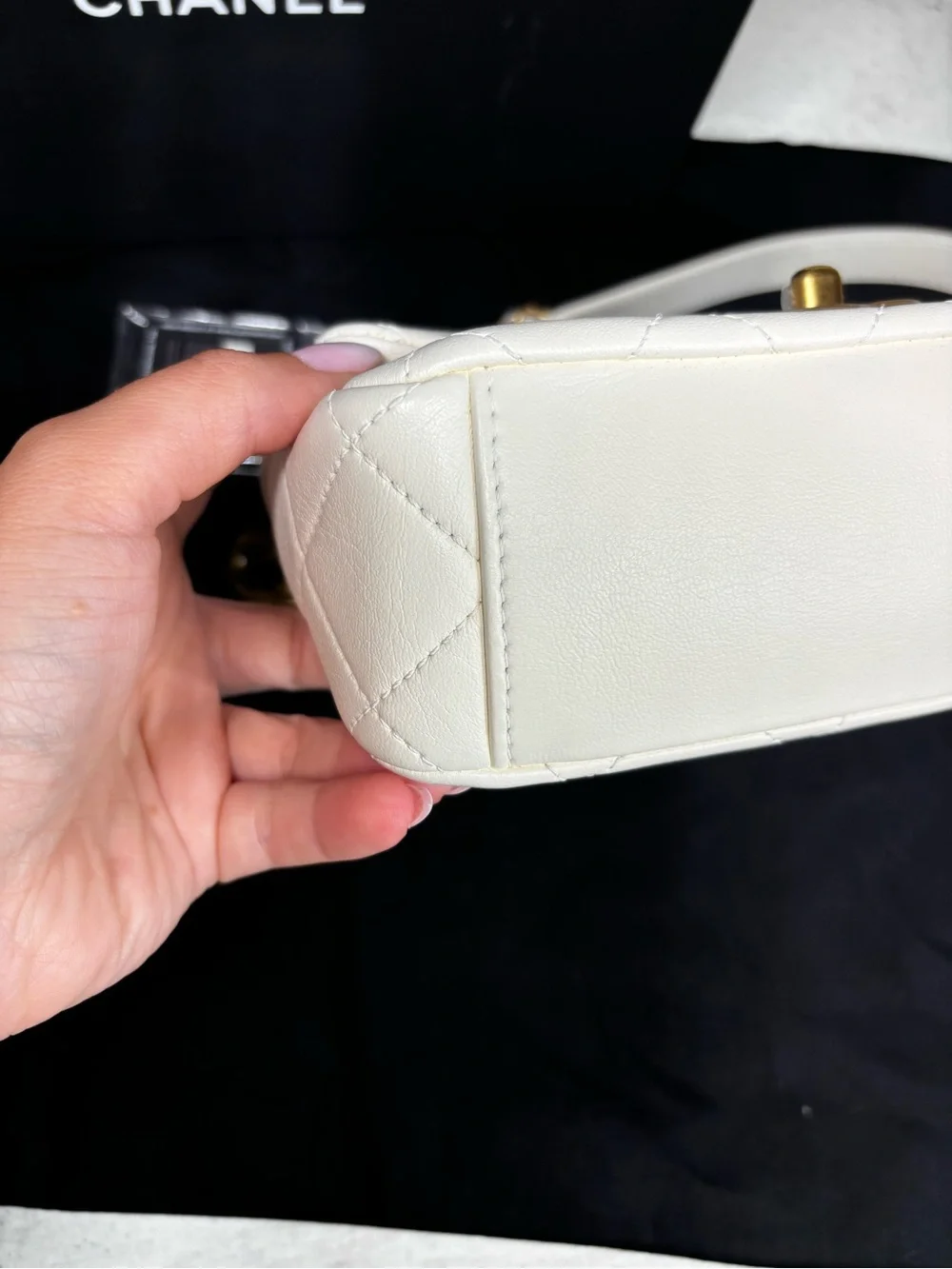 CHANEL White Quilted Leather Mini Flap Bag with Gold Chain Strap